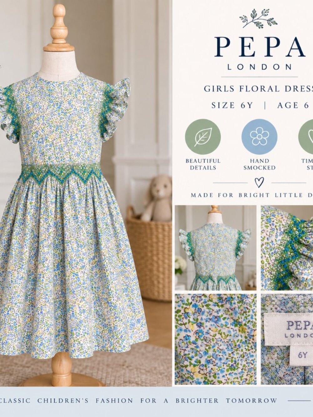 Pepa London Girls Floral Dress 6Y | Hand Smocked | Blue Green Ruffle